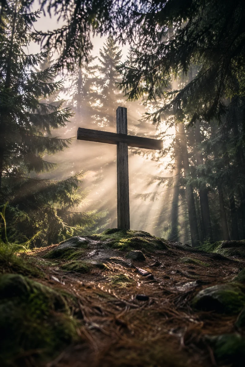 Wooden Cross in Evergreen Morning Light