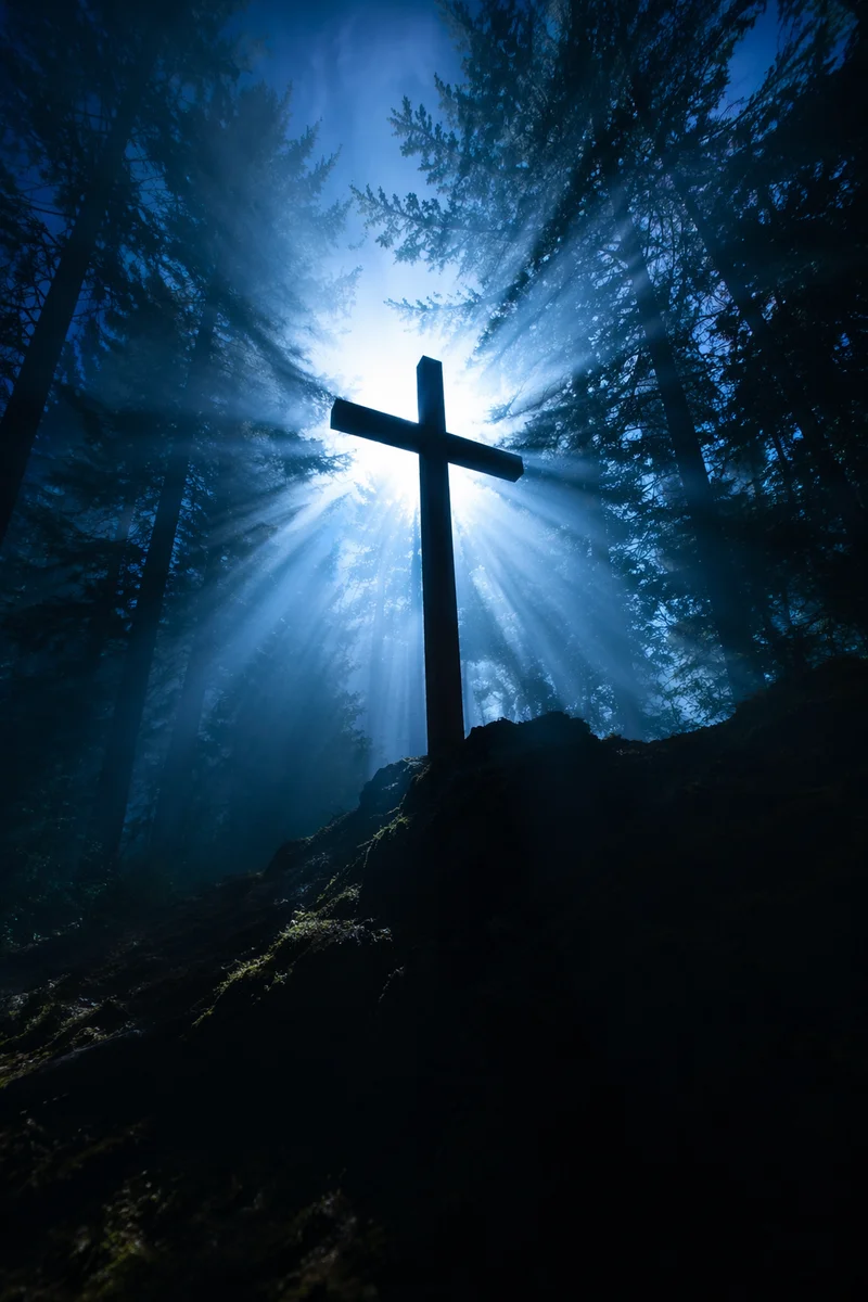 Wooden Cross in Blue Forest Sunrise