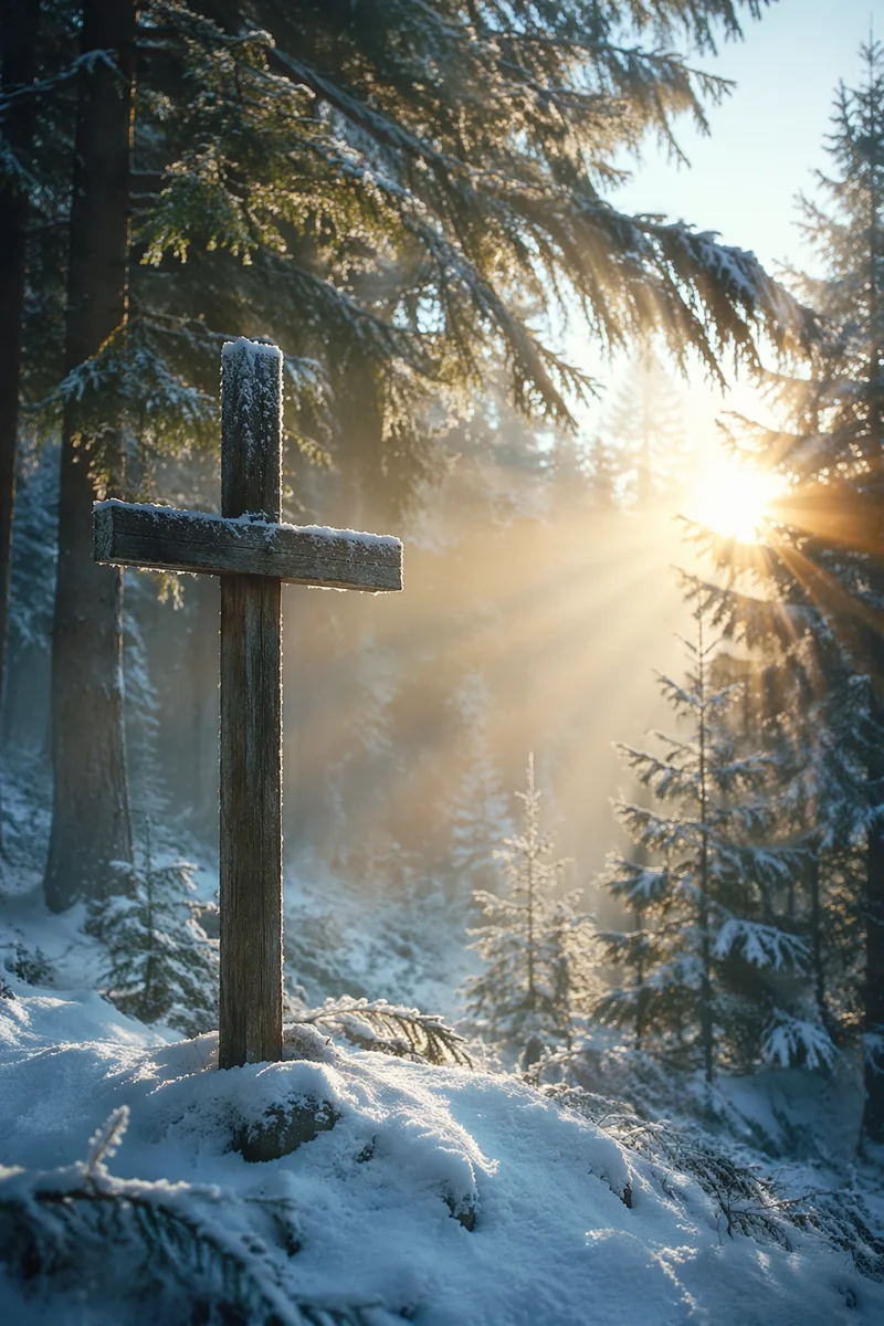Wooden Cross in Snowy Evergreen Light