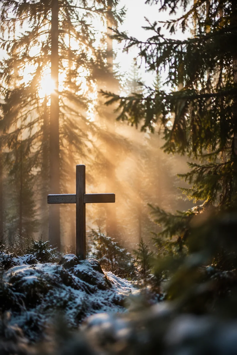 Wooden Cross in Snowy Evergreen Sunbeams
