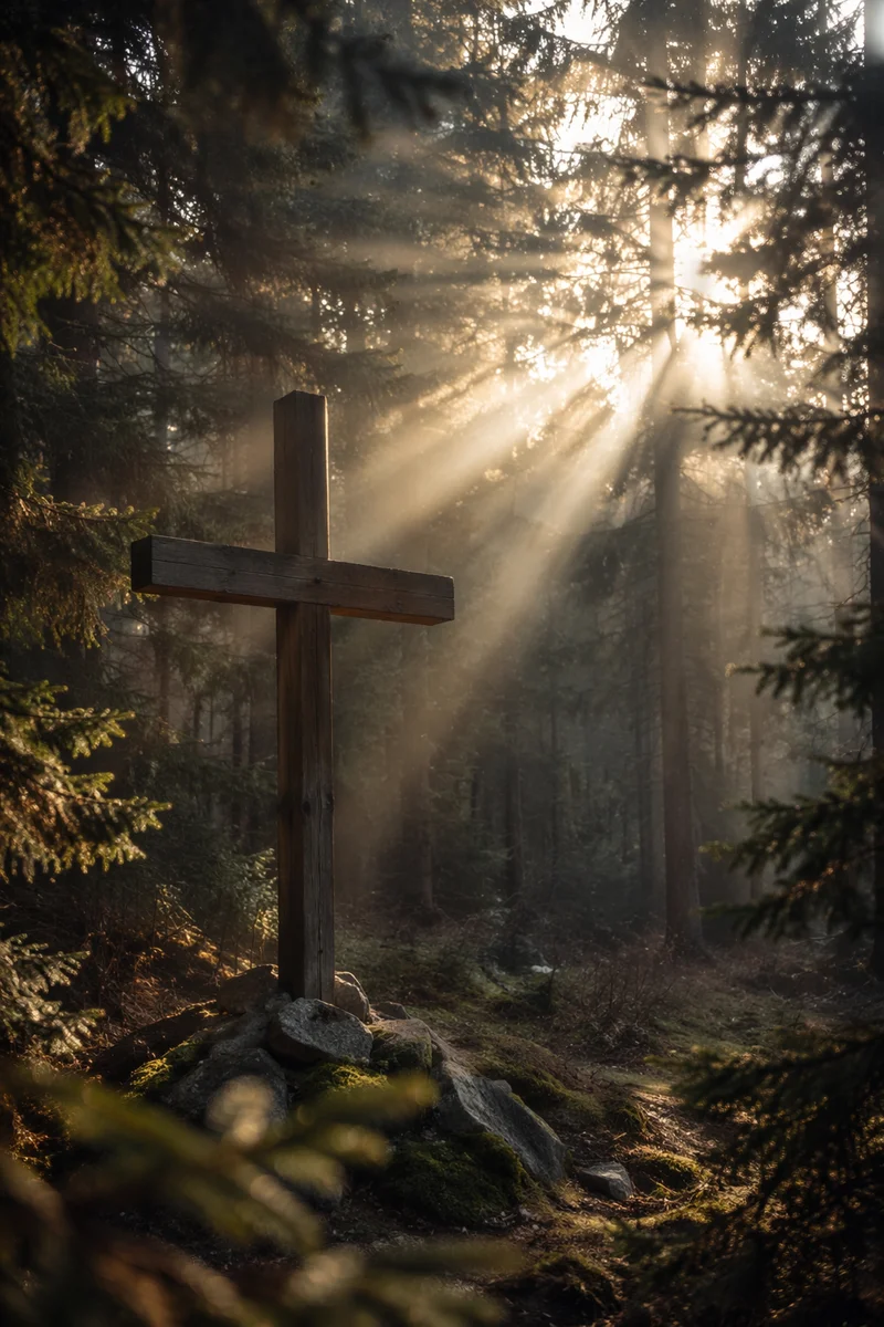 Wooden Cross in Evergreen Morning Light
