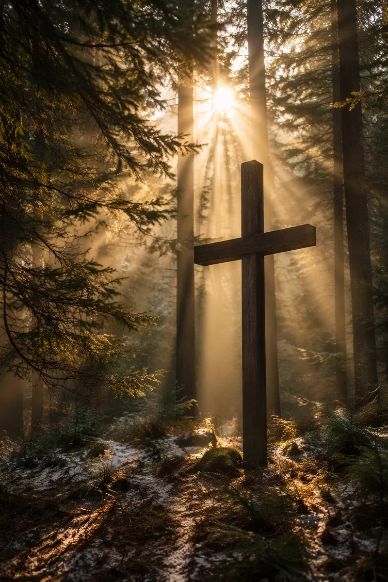 Wooden Cross in Evergreen Morning Light