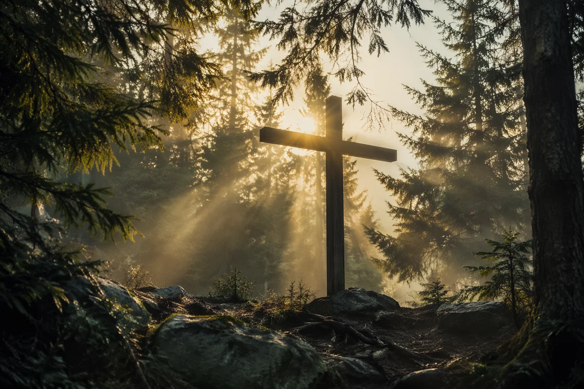 Wooden Cross in Evergreen Morning Light