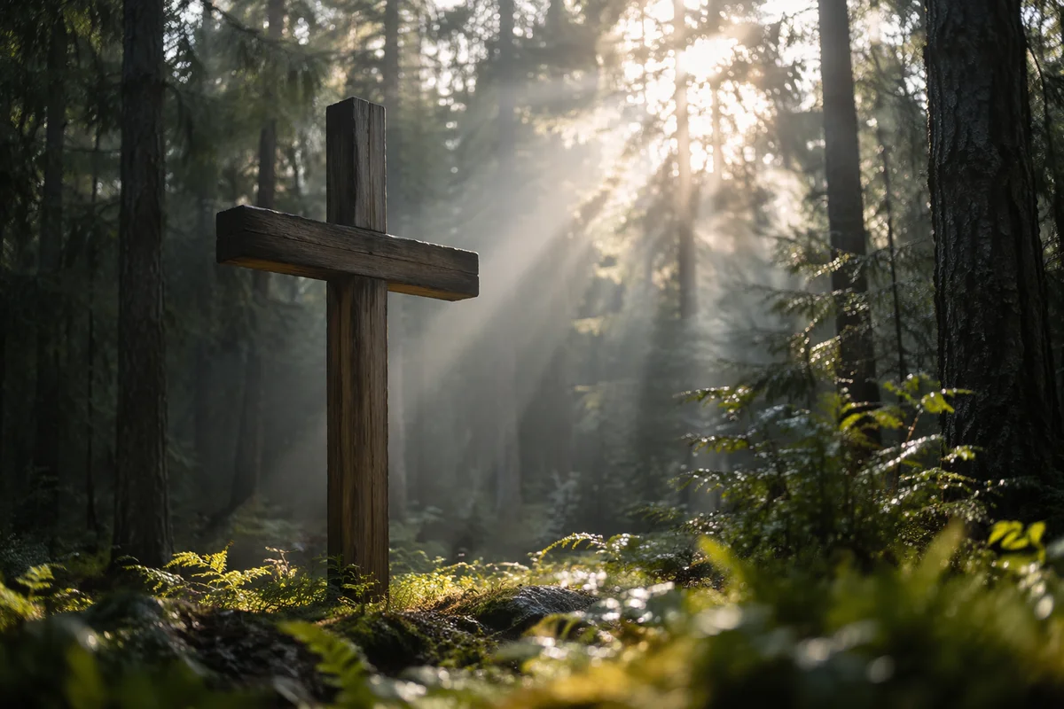 Wooden Cross in Evergreen Sunbeams