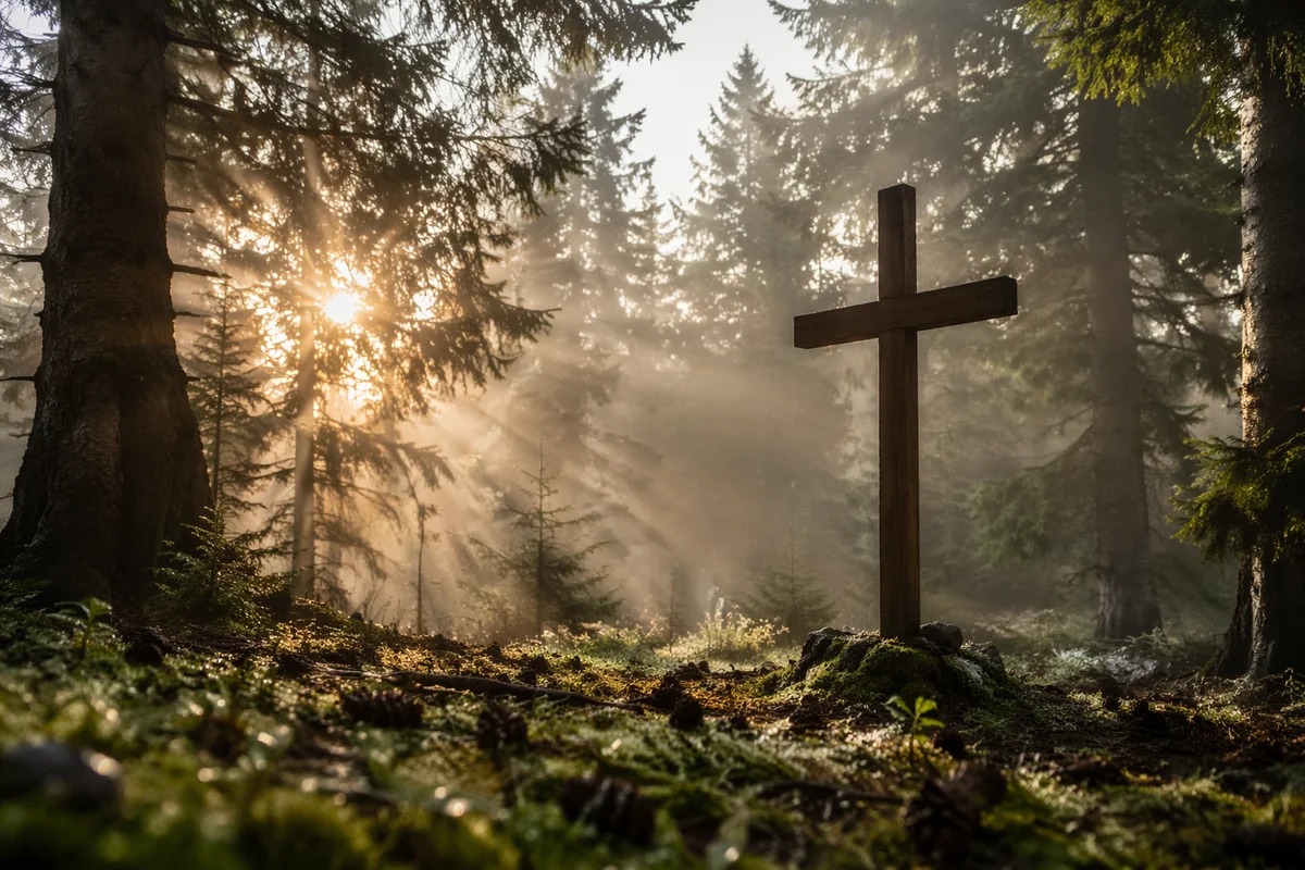 Wooden Cross in Misty Evergreen Morning Light