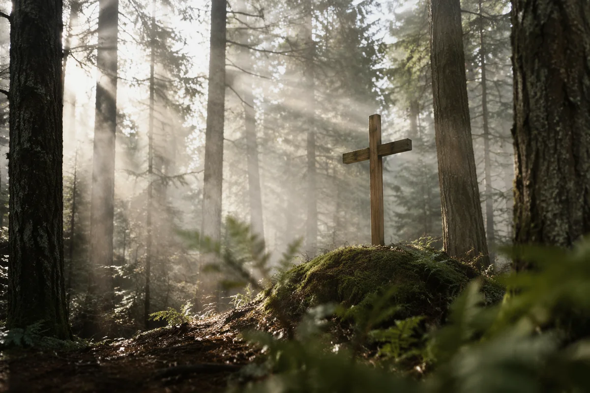 Wooden Cross in Misty Evergreen Light