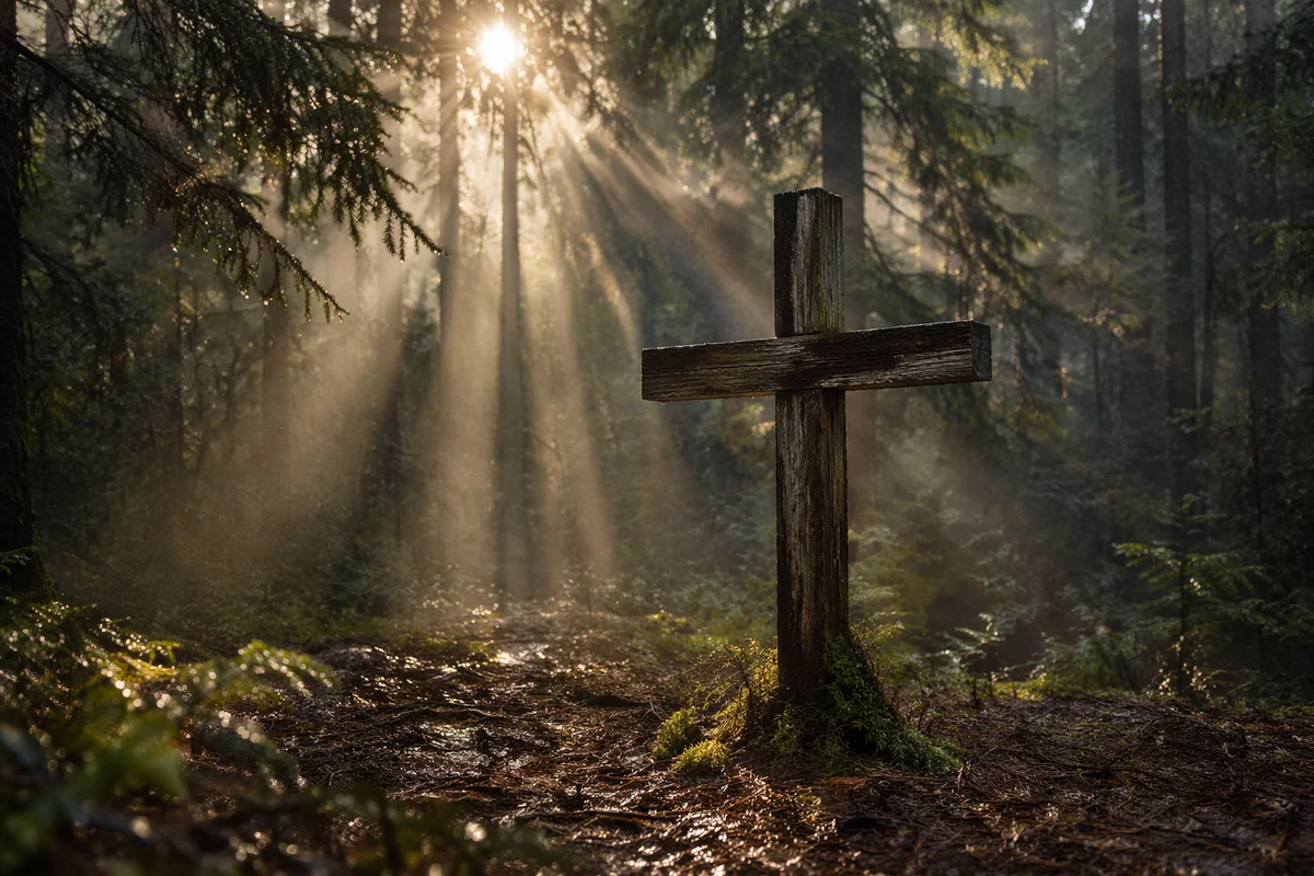 Wooden Cross in Misty Evergreen Light