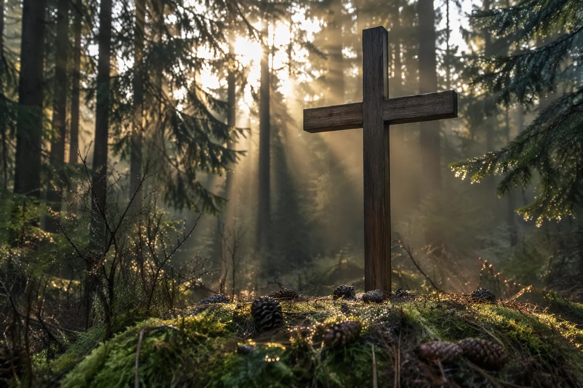 Wooden Cross in Evergreen Morning Rays