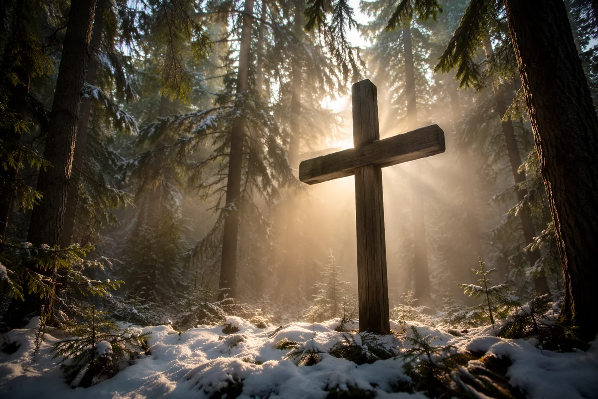 Wooden Cross in Snowy Evergreen Light