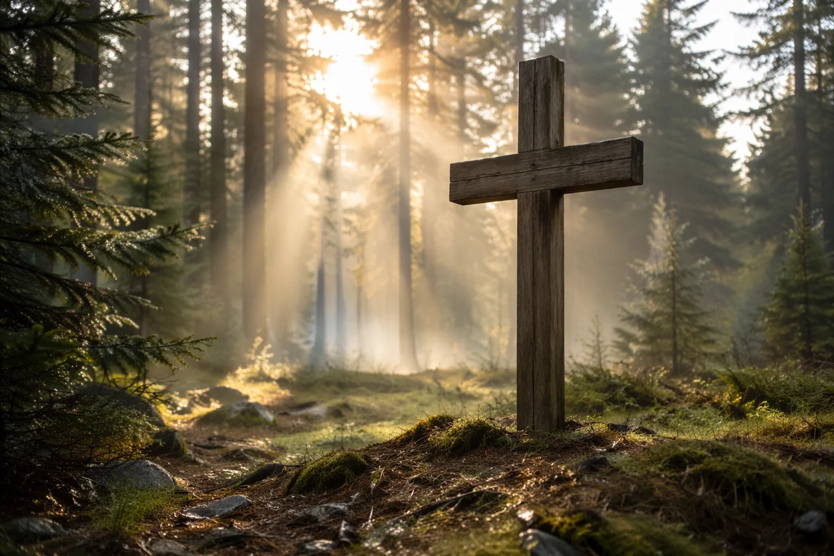 Wooden Cross in Evergreen Dawn Light