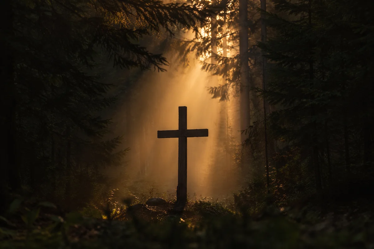 Wooden Cross with Light Rays in Evergreens