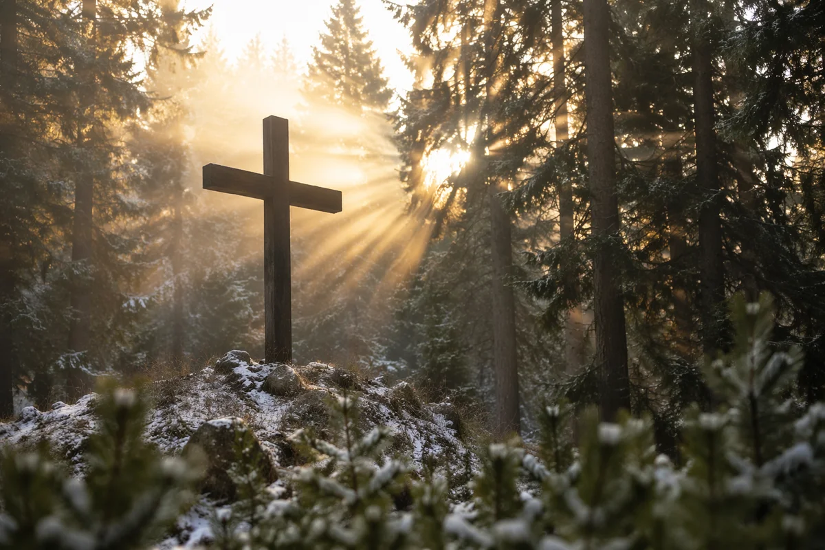 Wooden Cross in Evergreen Morning Light