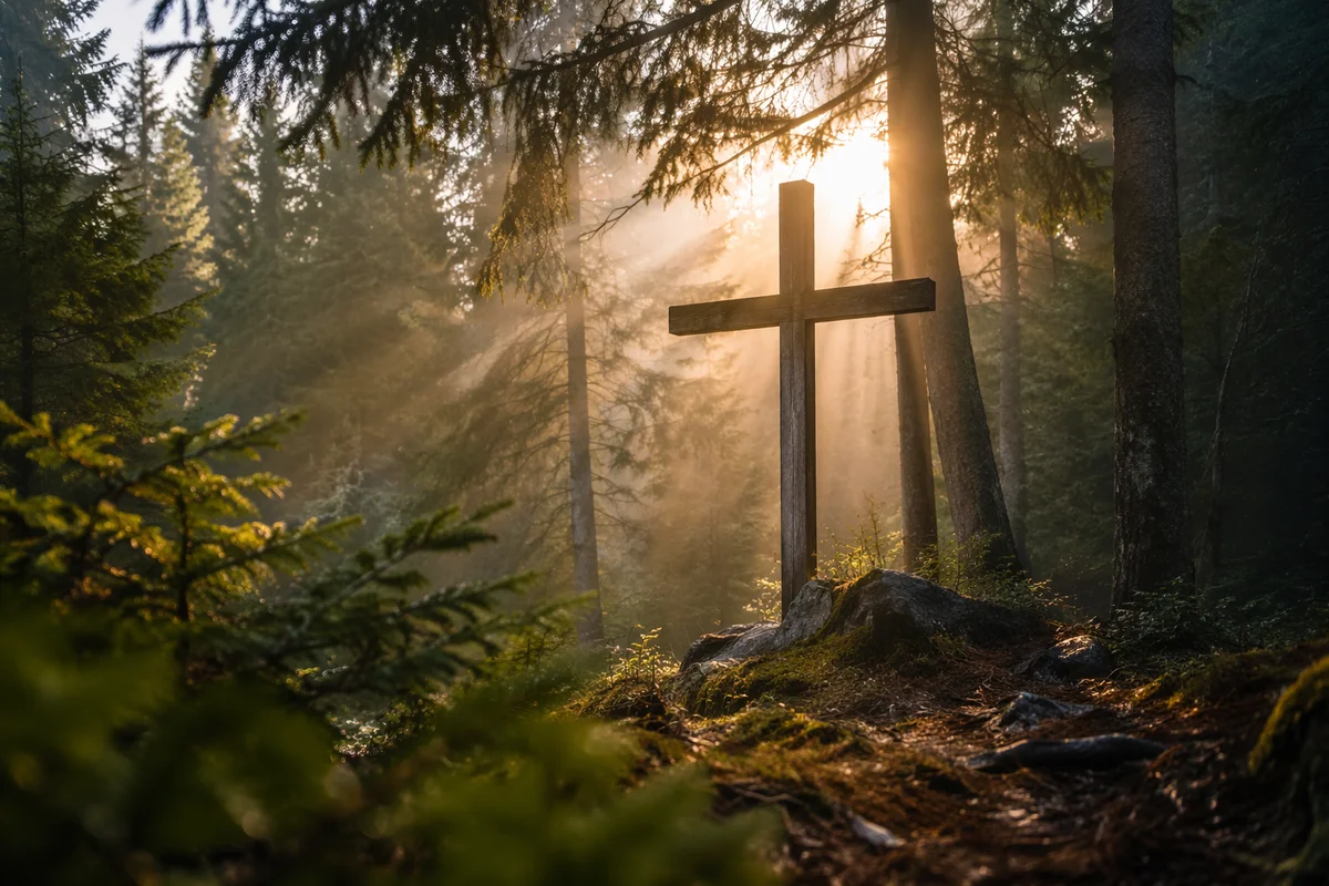 Wooden Cross in Evergreen Morning Light