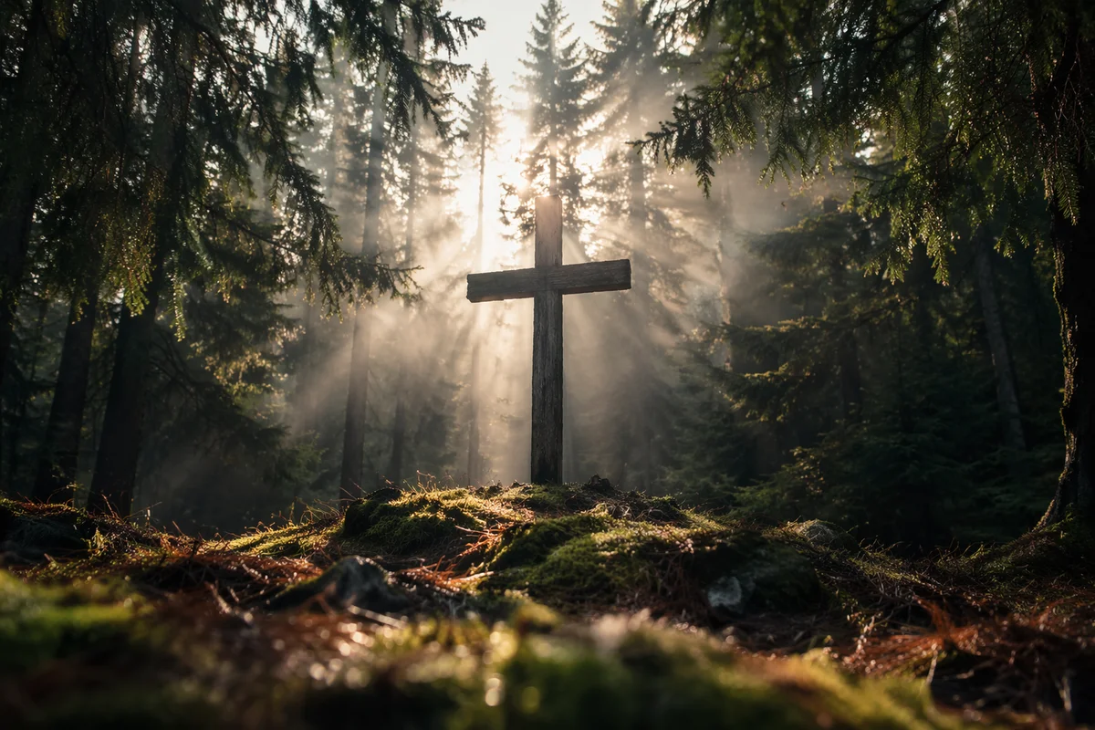 Wooden Cross in Evergreen Morning Light