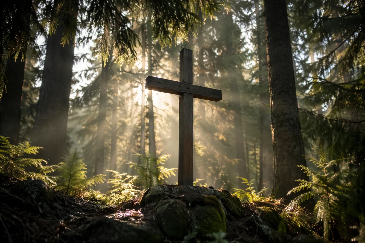 Wooden Cross in Evergreen Morning Light
