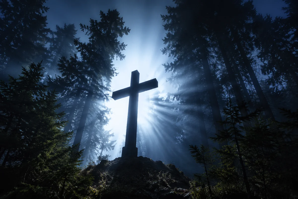 Wooden Cross in Evergreen Sunrise Rays