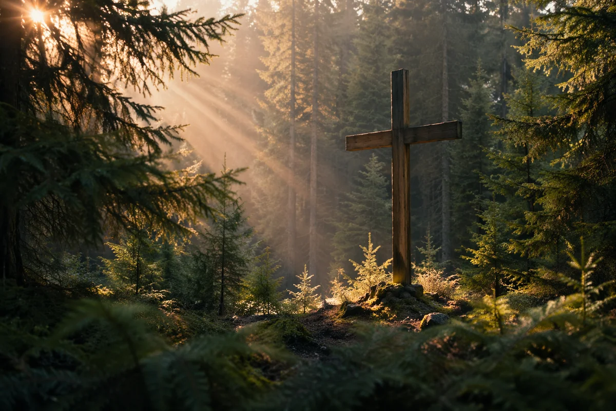 Wooden Cross in Evergreen Morning Light