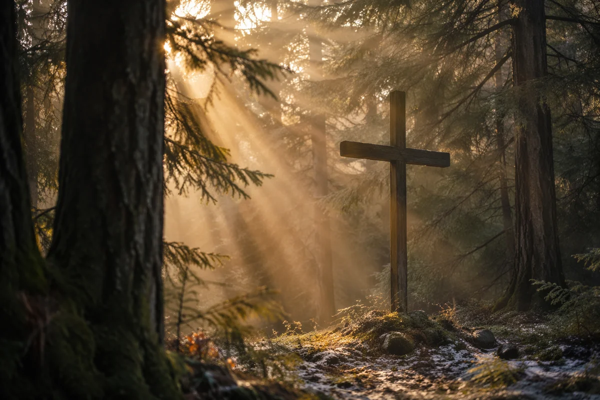 Wooden Cross in Evergreen Morning Light