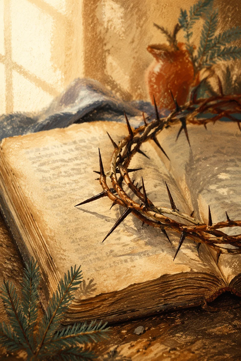 Crown of Thorns on Rustic Open Book