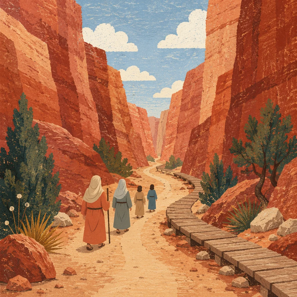 Winding Desert Canyon Path with Evergreens