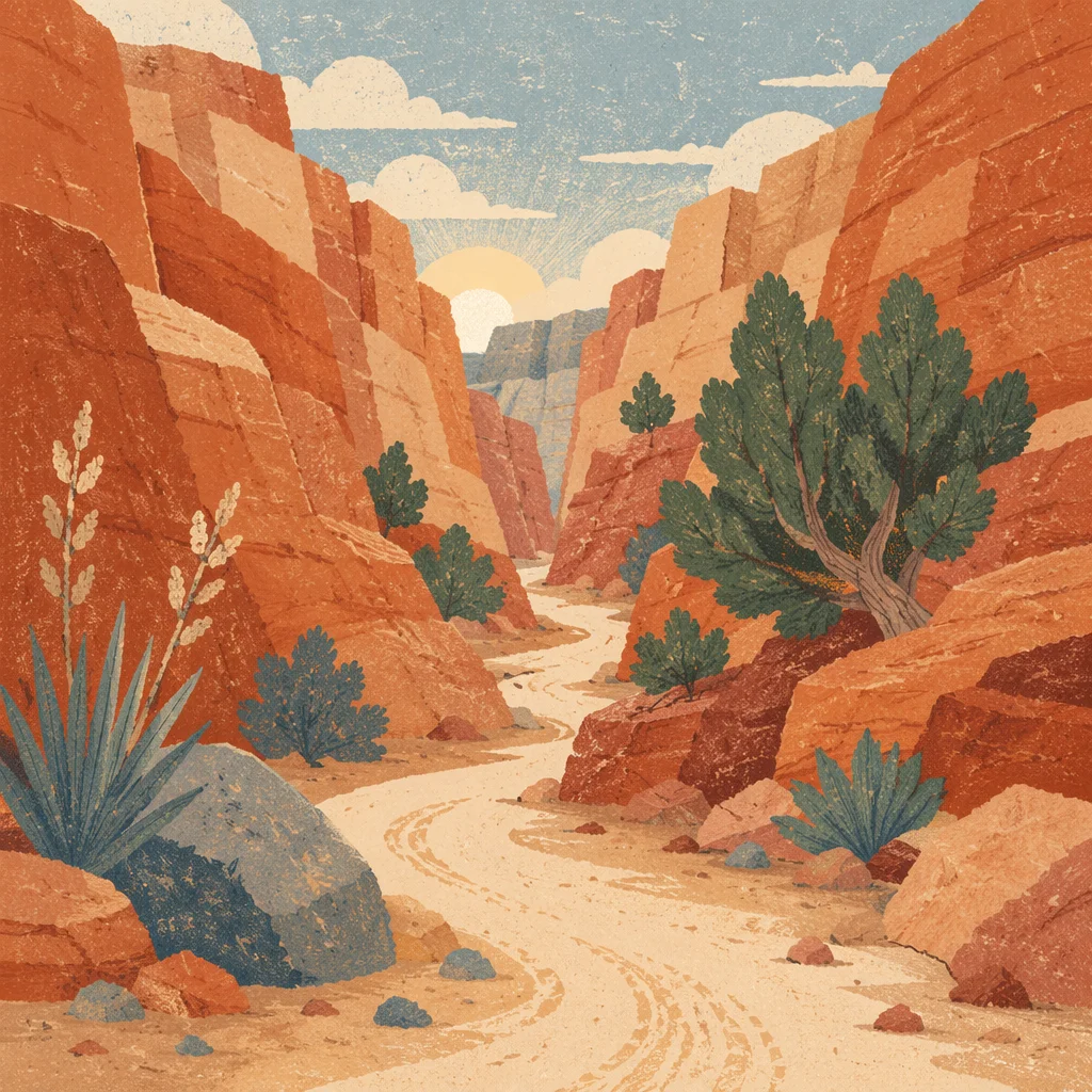 Evergreen Junipers Along Desert Canyon Path