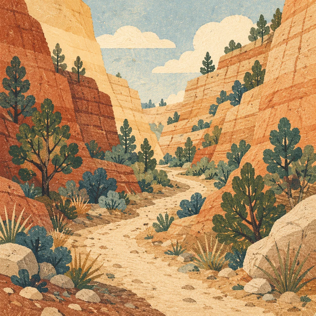 Evergreen Desert Path Through Sandstone Canyon