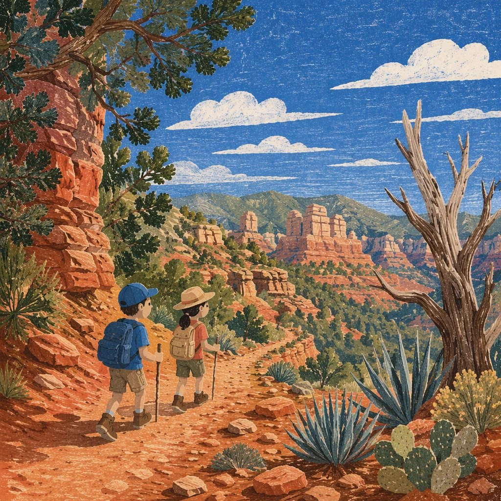 Desert Canyon Path Framed by Evergreens