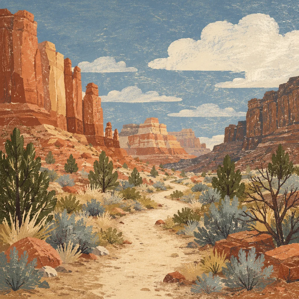 Evergreen Desert Path Through Canyon Cliffs
