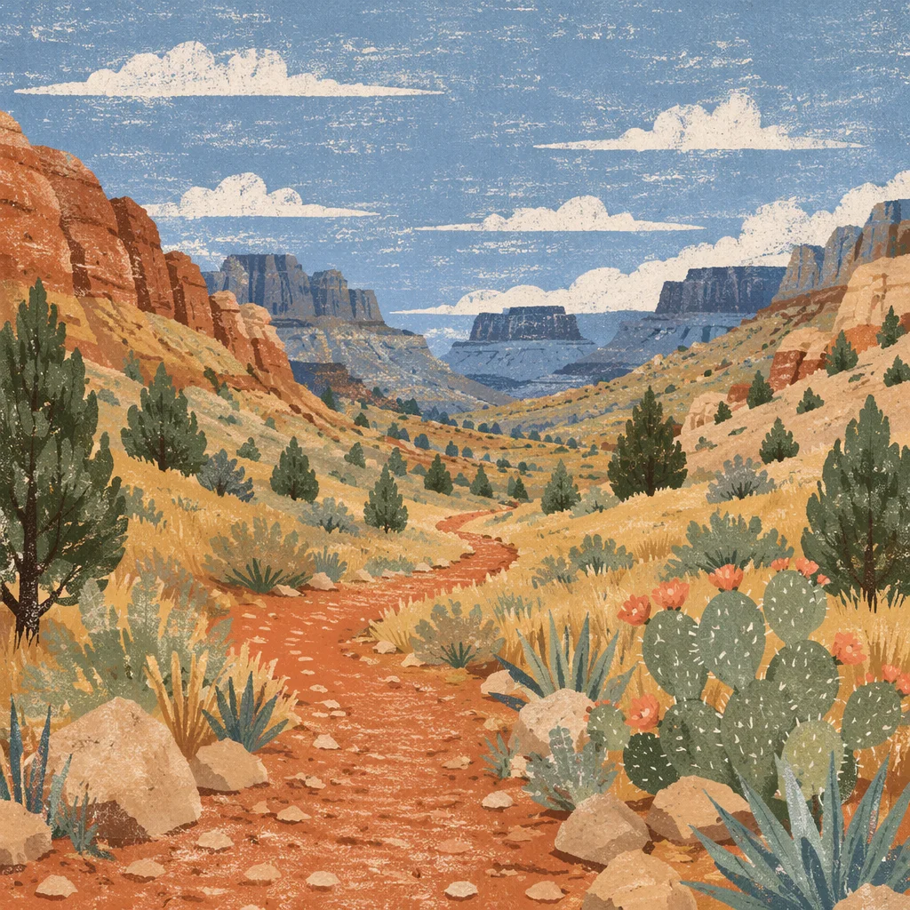 Winding Desert Canyon Path with Evergreen Junipers