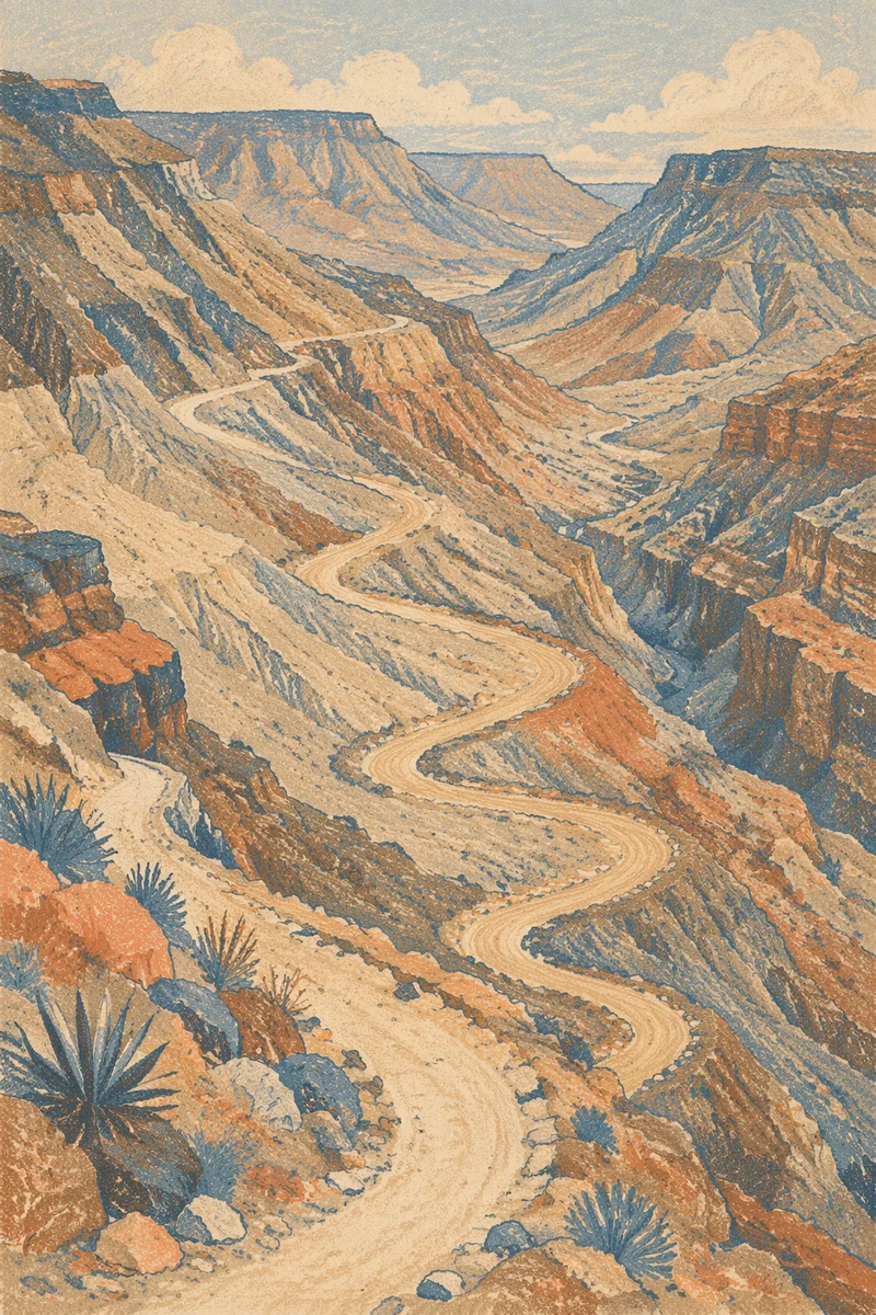 Winding Desert Canyon Path from Above