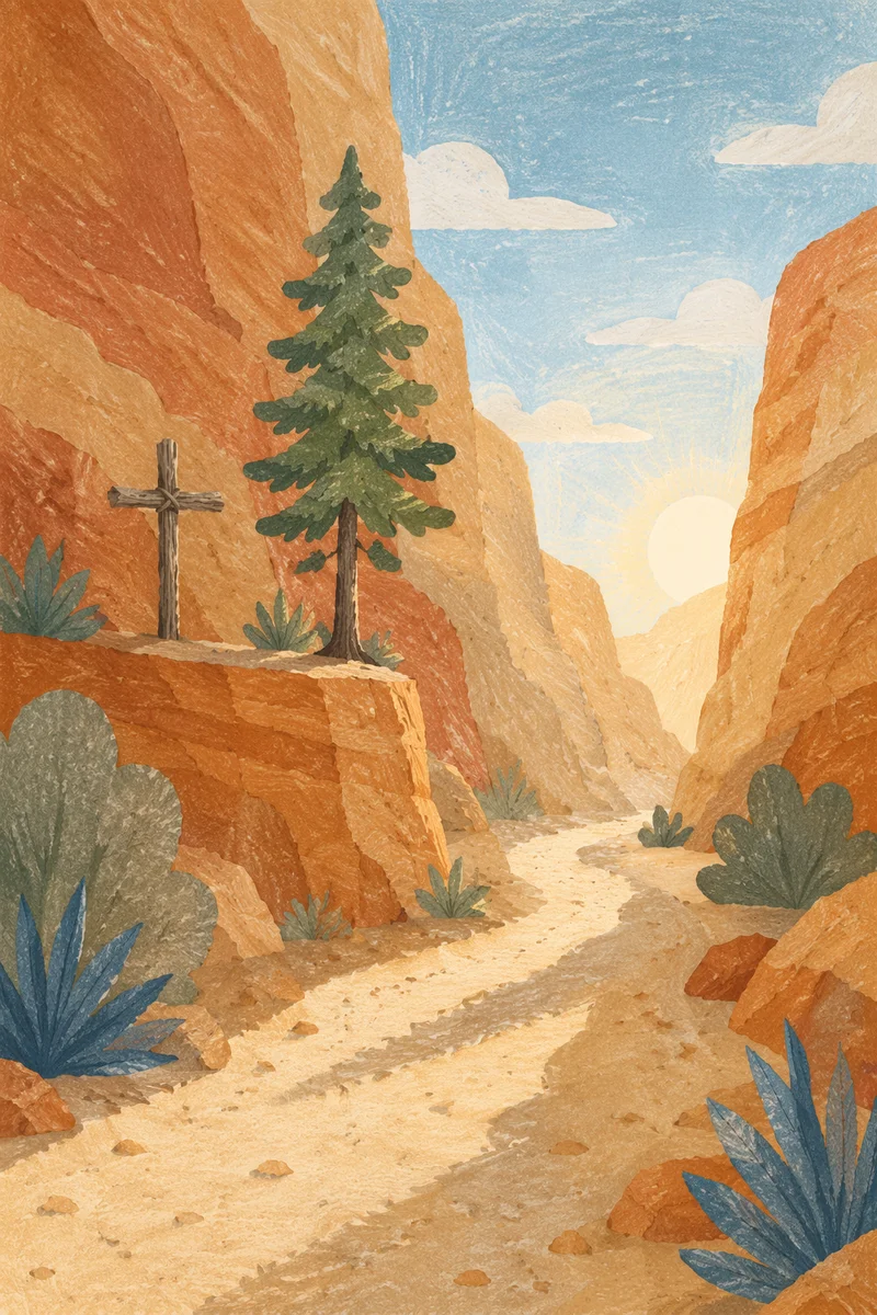 Evergreen Cross Along Desert Canyon Path
