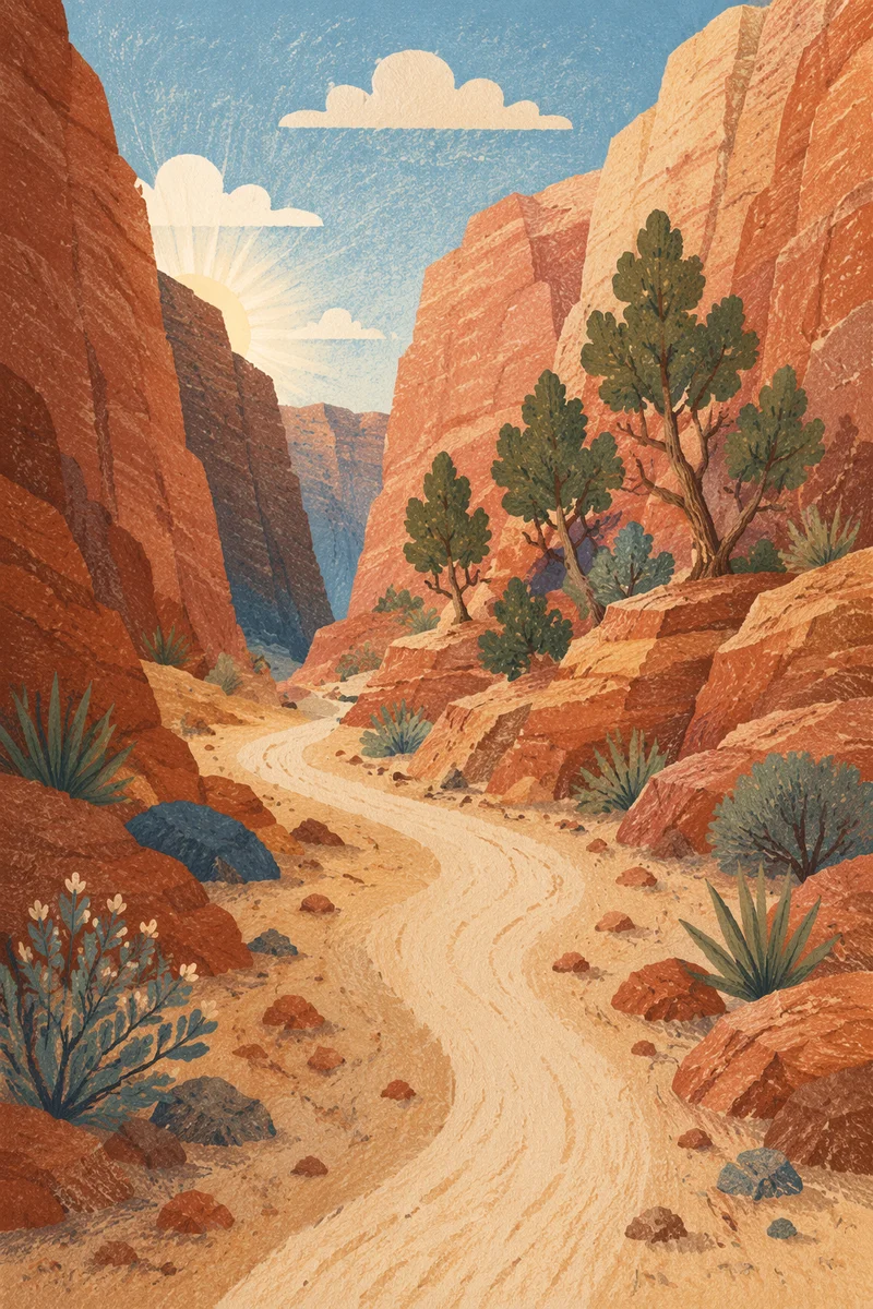 Evergreen Junipers Along Desert Canyon Path