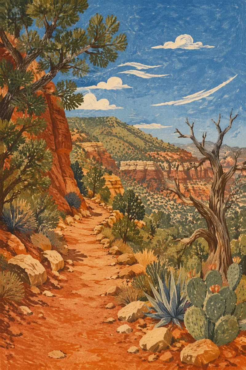 Desert Canyon Path Framed by Evergreens