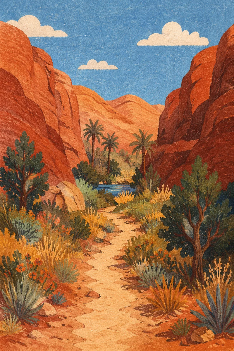 Desert Canyon Path with Evergreen Oasis