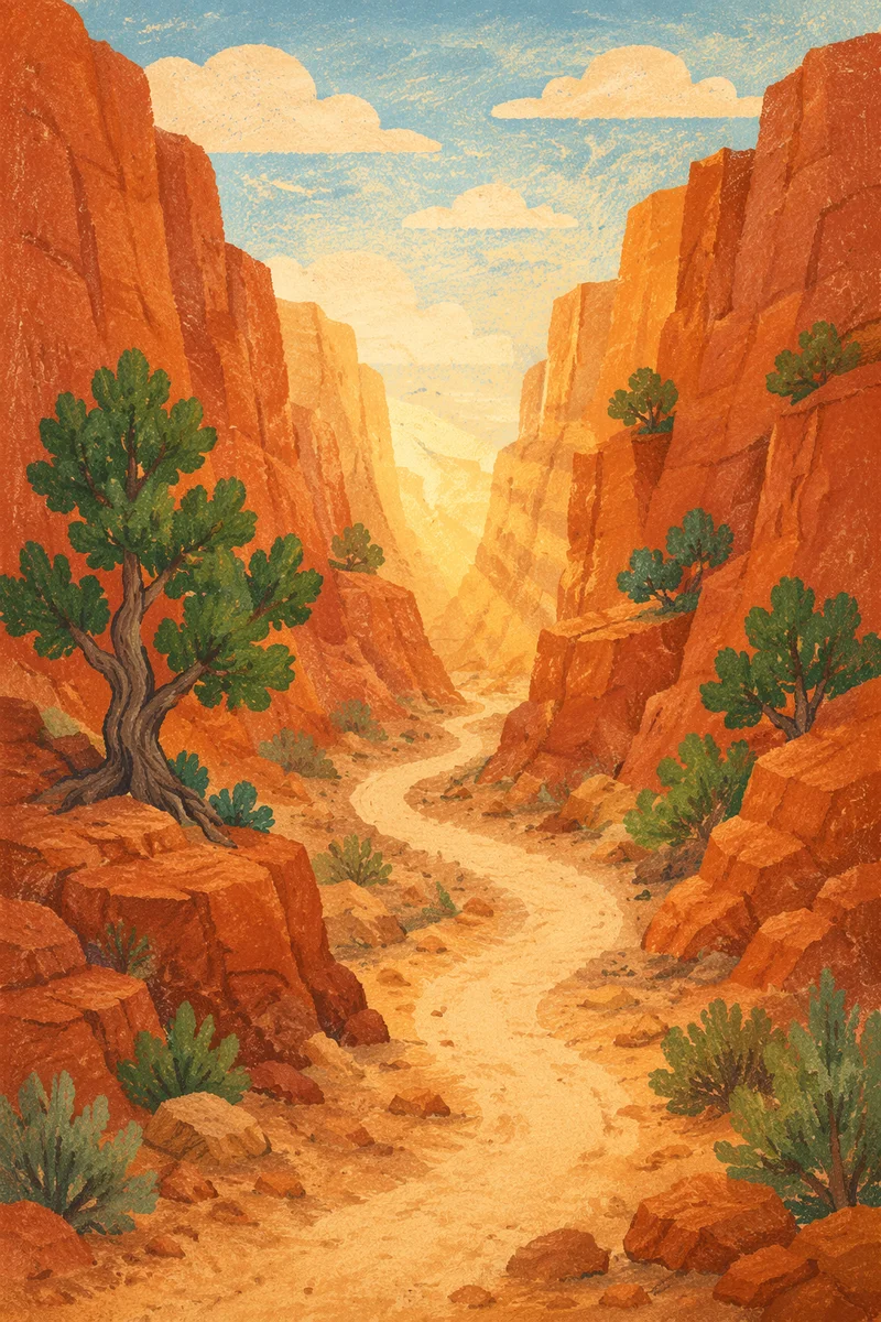 Evergreen Junipers Along Desert Canyon Path