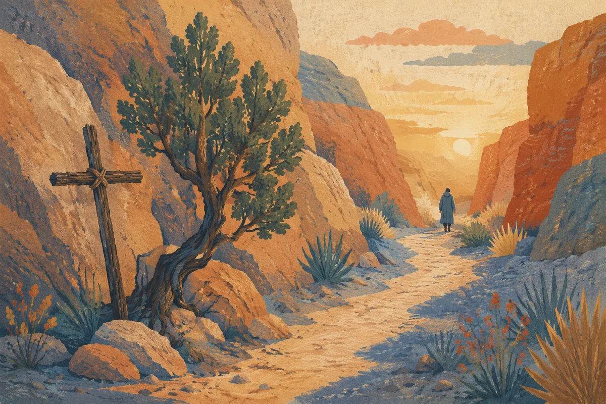 Evergreen Juniper Cross on Desert Canyon Path