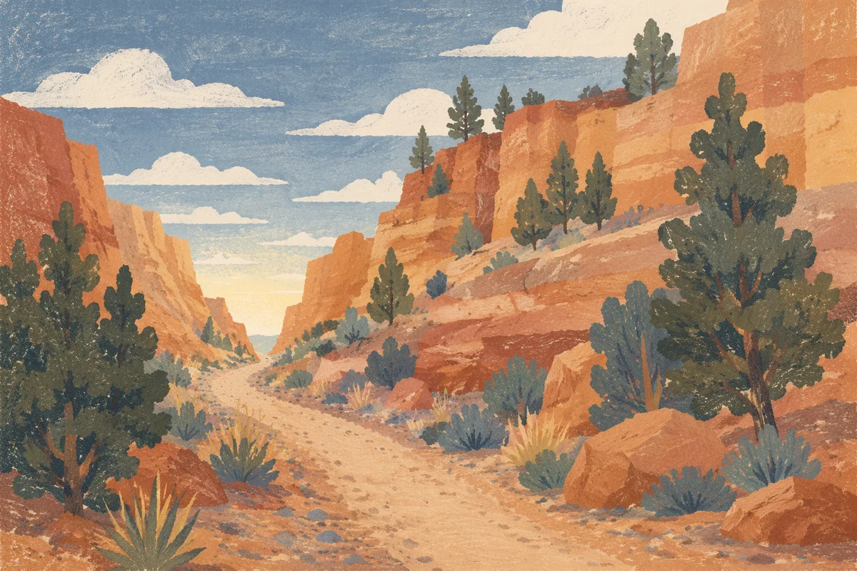 Evergreen Desert Path Through Morning Canyon
