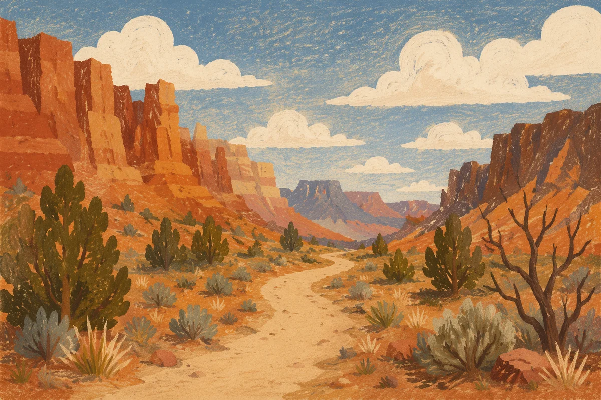 Desert Canyon Path with Evergreen Shrubs