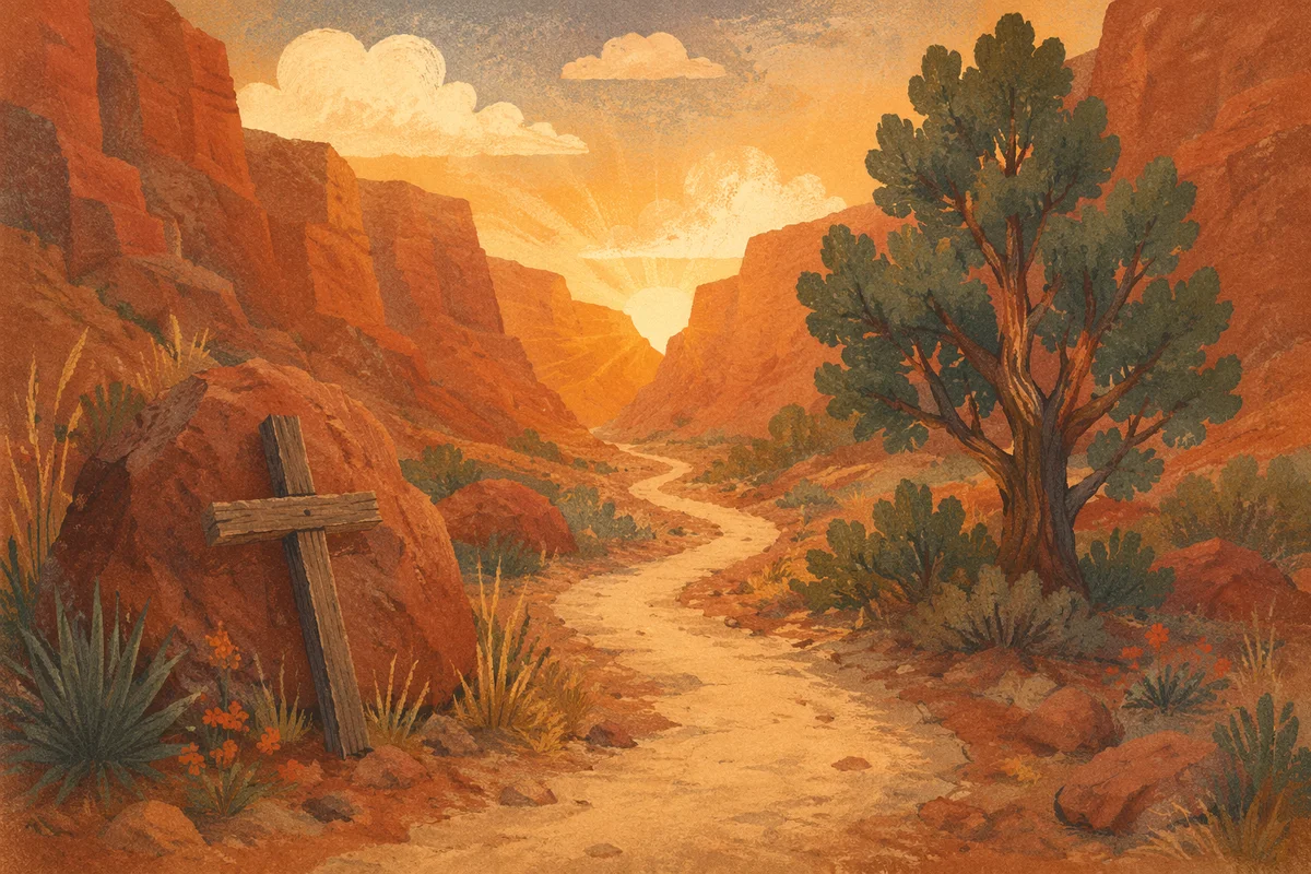 Desert Canyon Path with Evergreen Cross