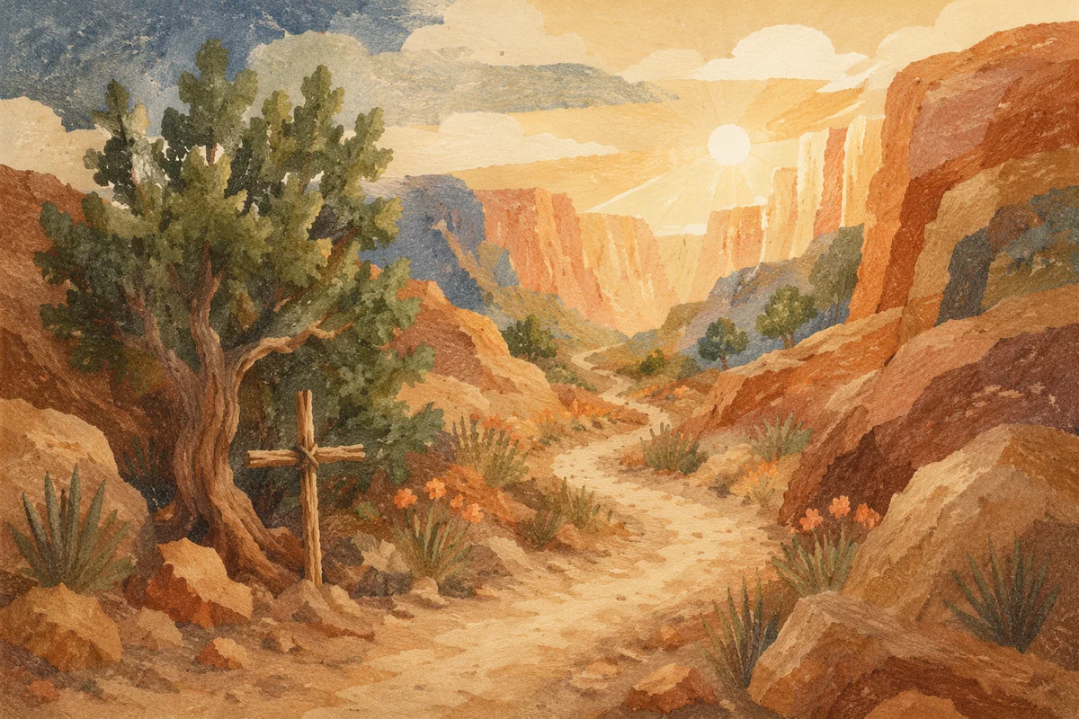 Desert Canyon Path with Evergreen Cross