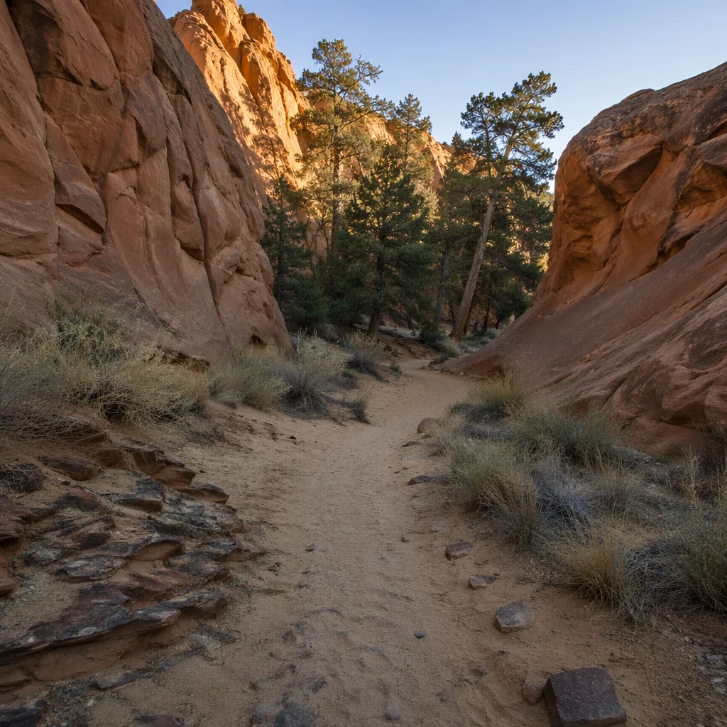 Winding Desert Canyon Path with Evergreens