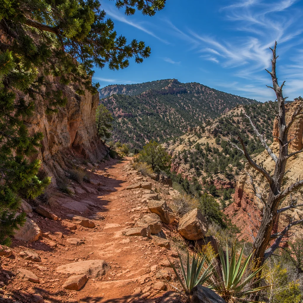 Desert Canyon Path Framed by Evergreens