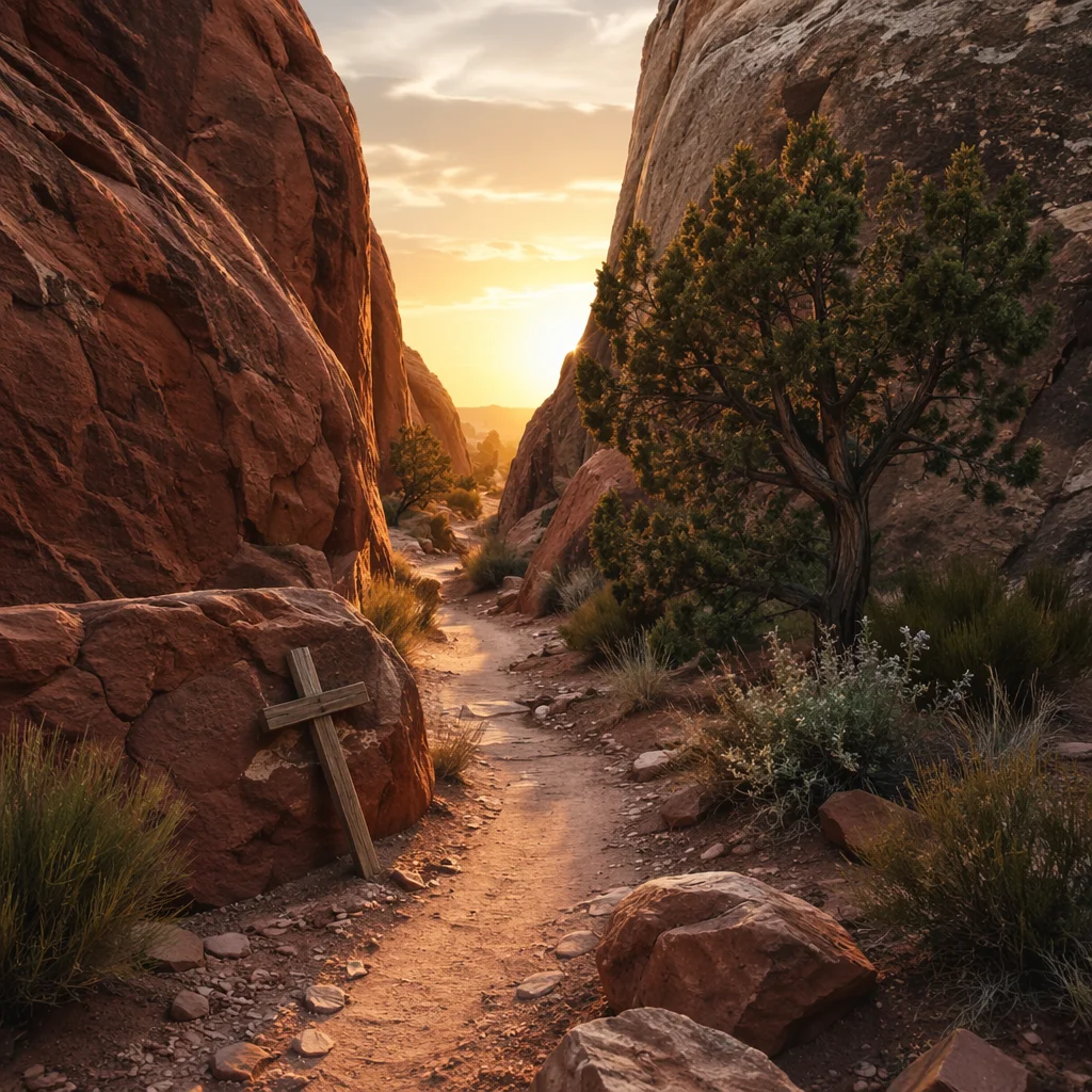 Desert Canyon Path with Evergreen Cross