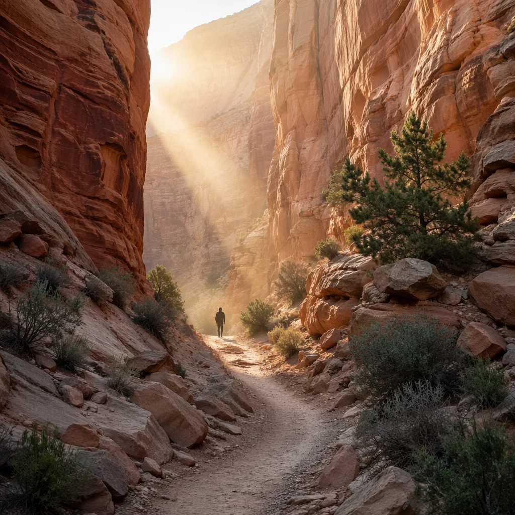 Desert Canyon Path with Evergreen Hope