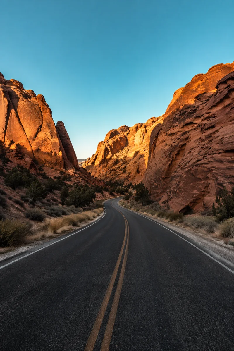 Desert Road Through Sunlit Sandstone Canyon