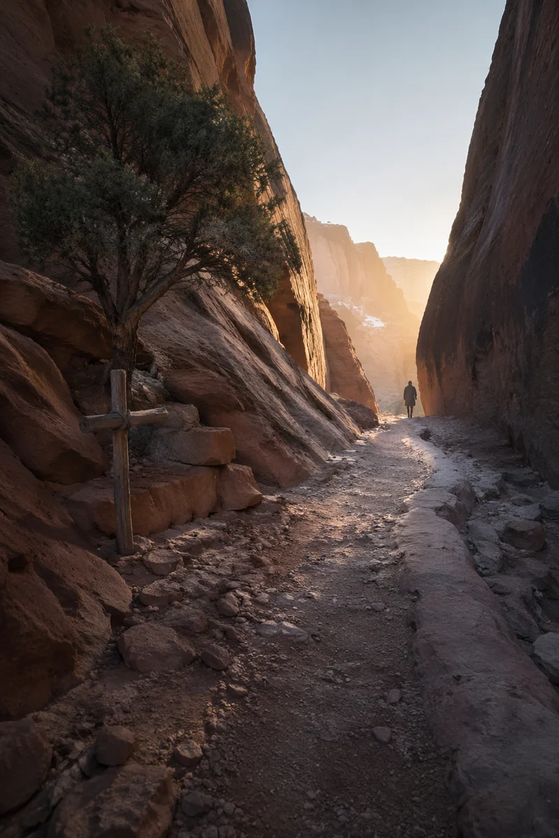Desert Canyon Path with Evergreen Cross