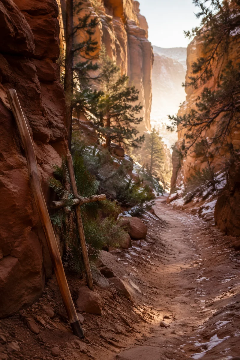 Evergreen Canyon Path with Wooden Cross