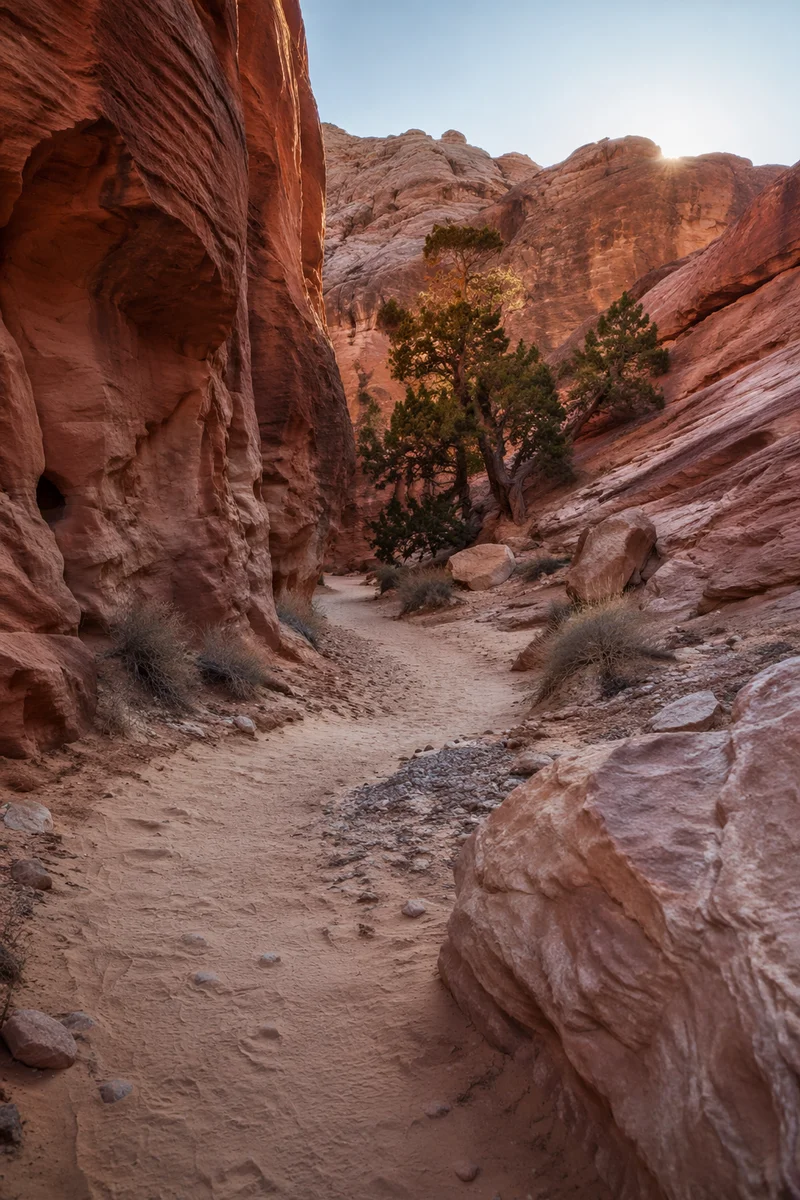 Desert Path Through Red Canyon Evergreens