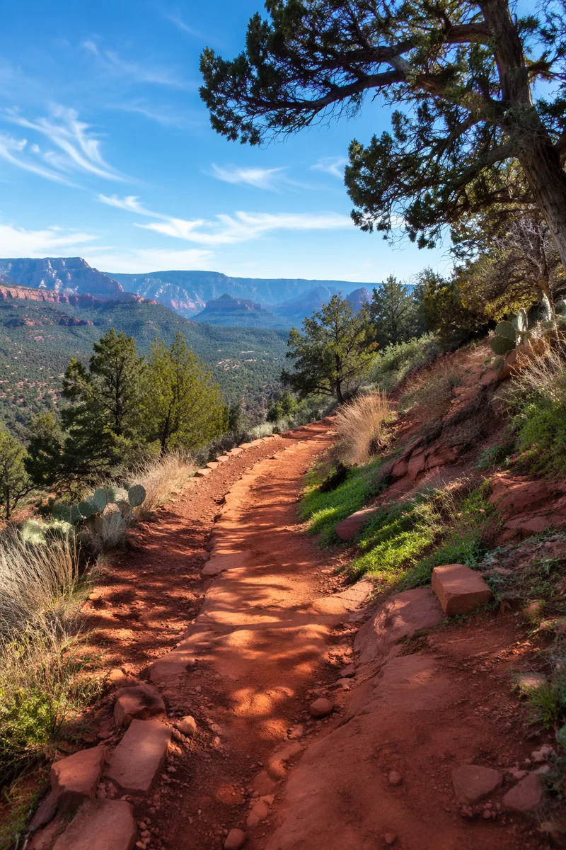 Winding Desert Canyon Path with Evergreens