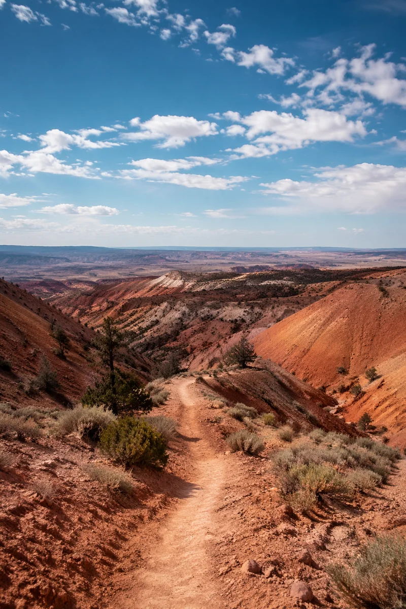 Winding Desert Canyon Path with Evergreen Shrubs